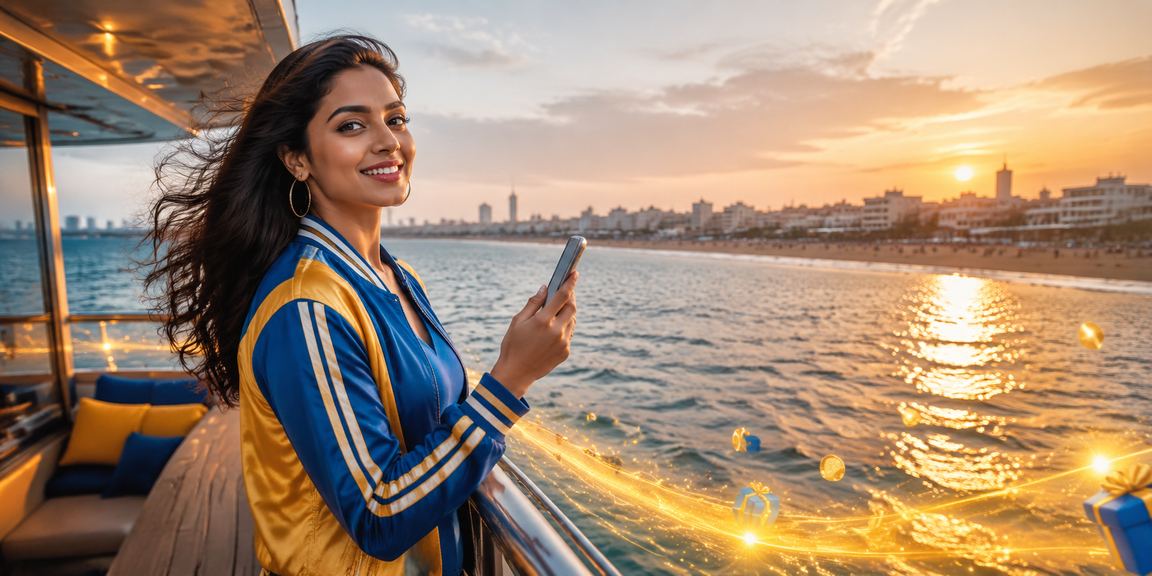 Cricket betting app user on smartphone in blue gold lighting
